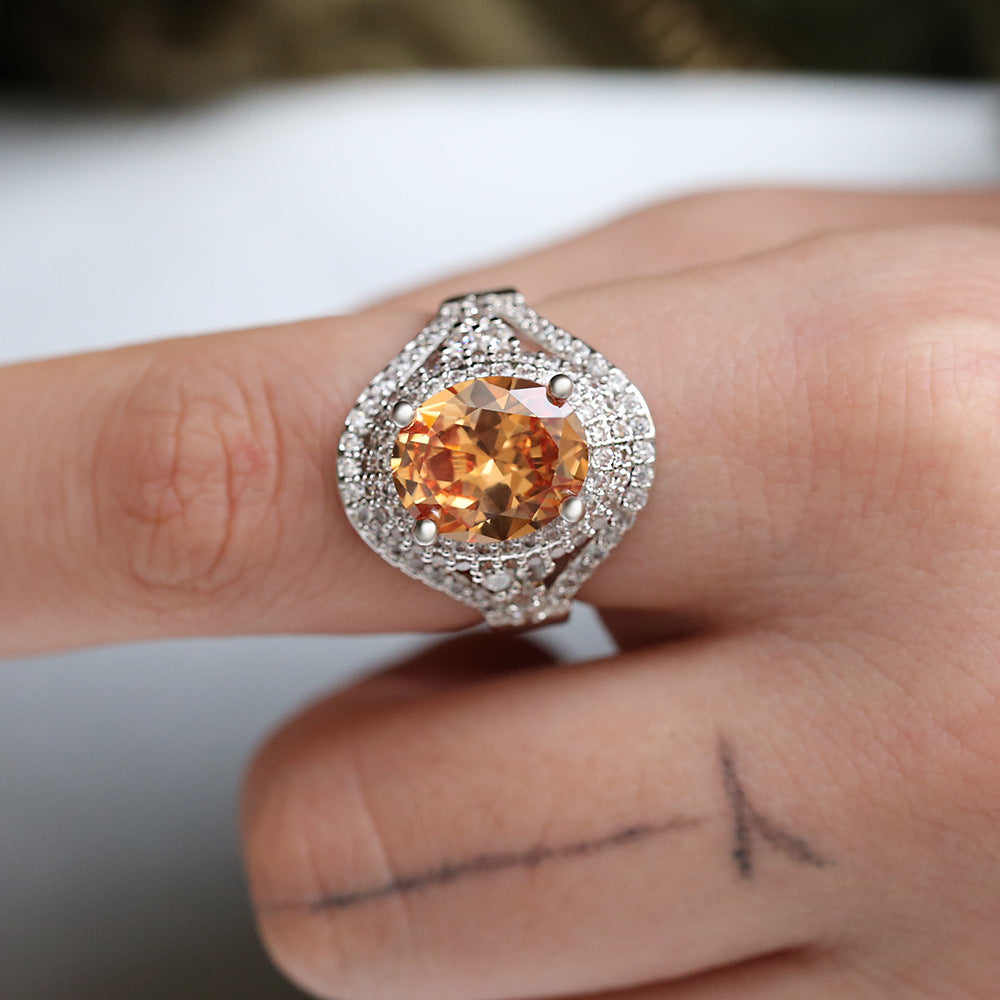 Cross-border wish Amazon new European and American new hot fashion champagne yellow zircon ring female wedding jewelry