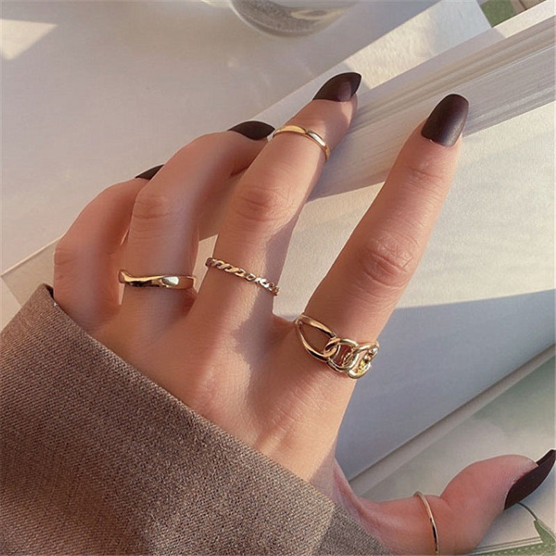 Womens Five Piece Ring Set Hollow Chain Geometric Copper Rings Korean Fashion Jewelry Stackable Statement Ring