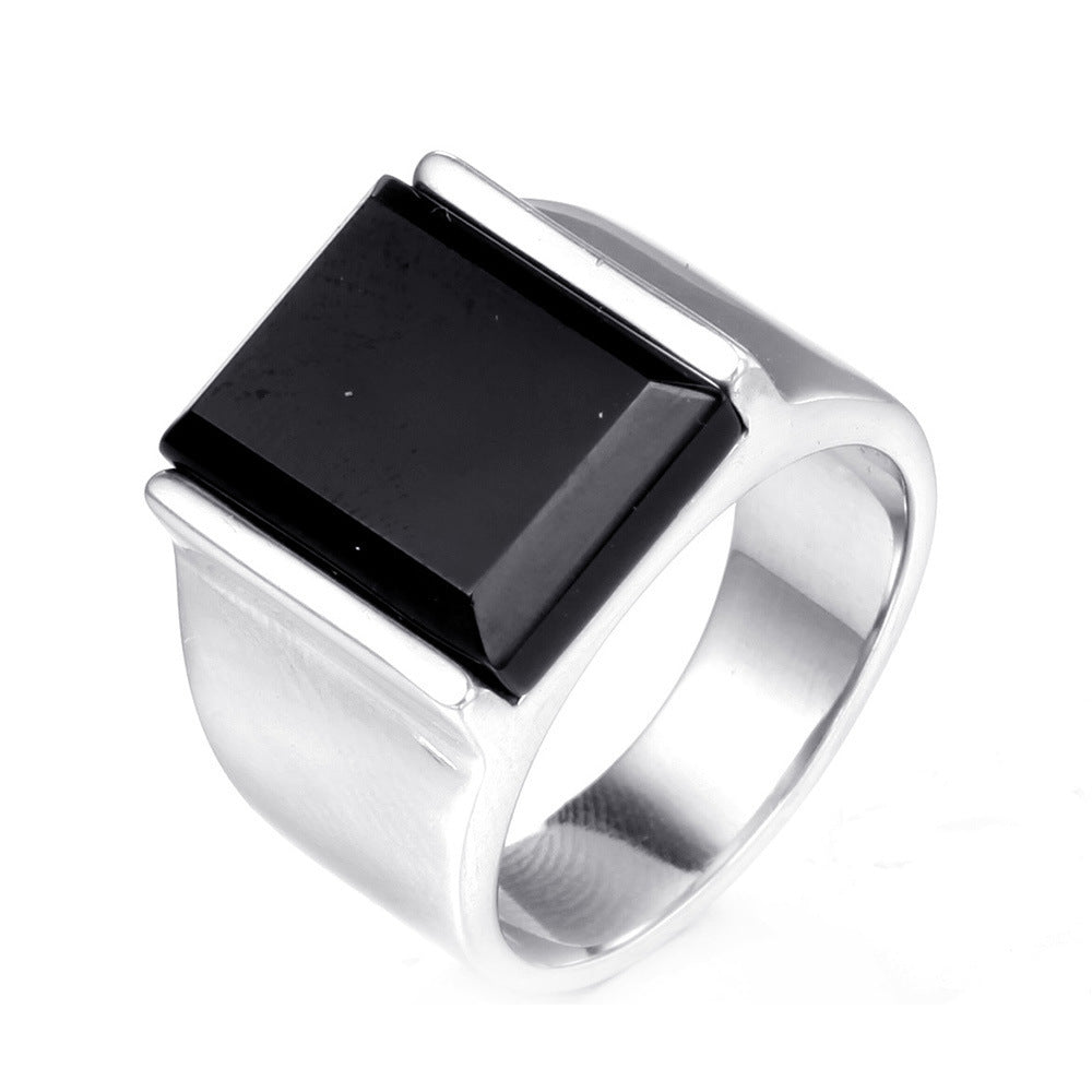 Titanium Steel Ring With Black Gemstone Geometric Vintage Electroplated Band For Men Durable Everyday Wear Now