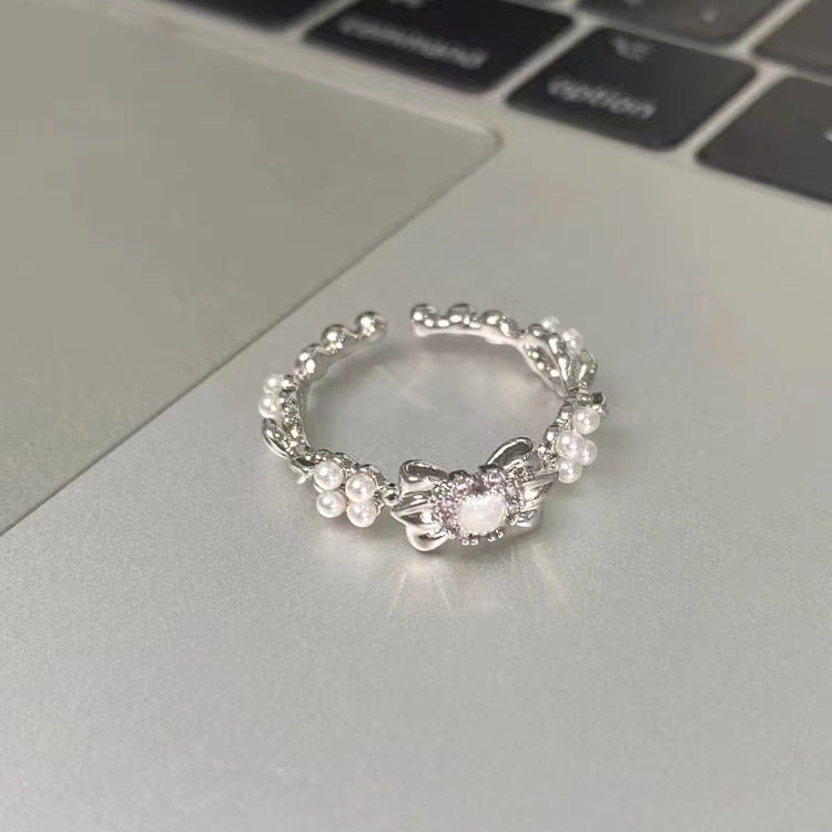 Womens Adjustable Ring With Bow Pearl Geometric Alloy Electroplated Fashion Jewelry Bowknot Finger Ring Elegant