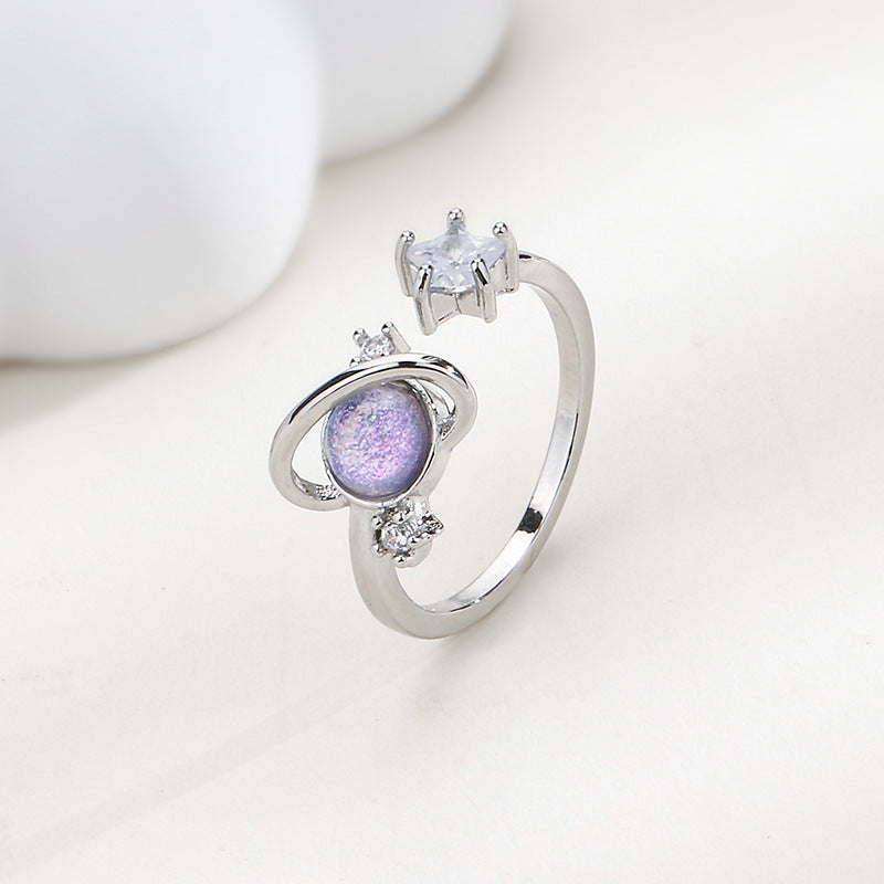 Womens Copper Ring With Inlaid Zircon Star And Planet Design Fashion Jewelry Diameter 17mm Classic Accessory Style