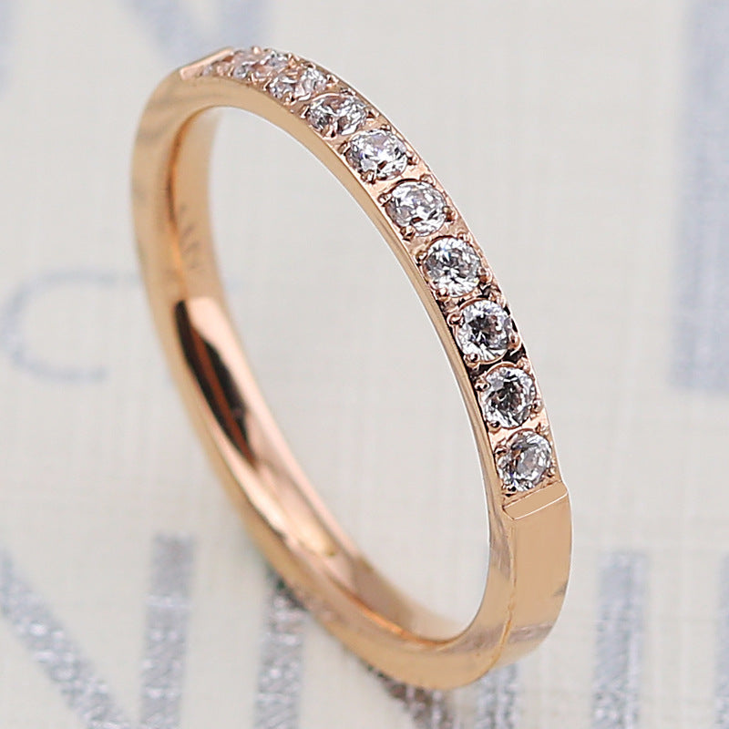 Titanium Steel Rose Gold Diamond Ring With Zircon Stone