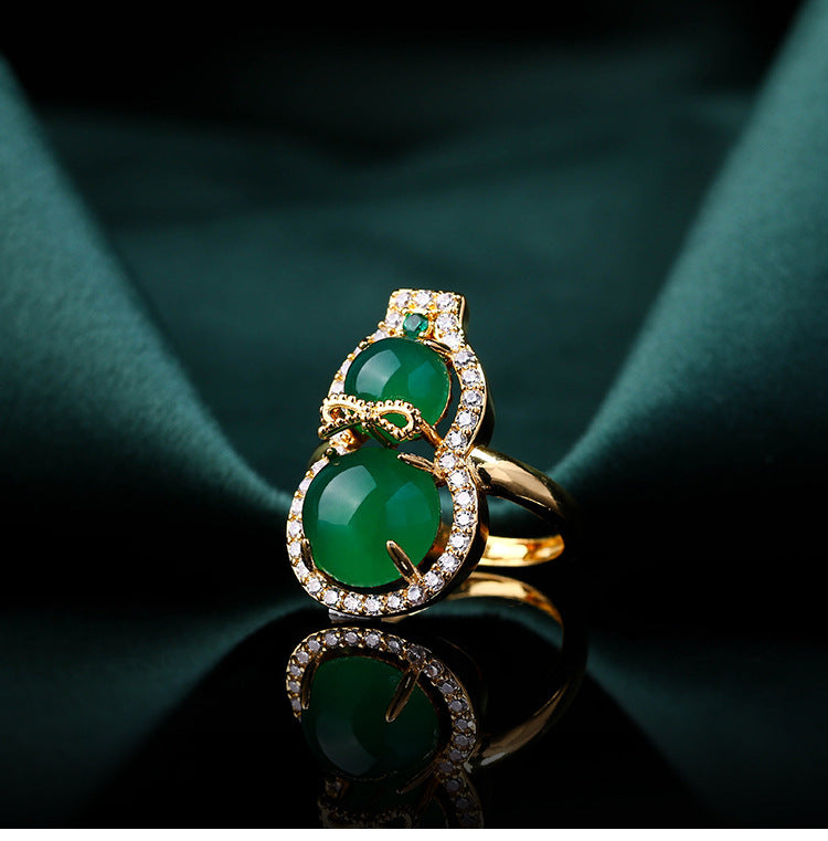 Women's National Fashion Ancient Costume Cheongsam Retro Natural Chalcedony Agate Gourd Ring