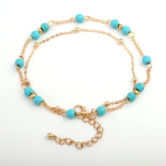 Womens Turquoise Copper Bead Chain Anklet Double Layer Gold