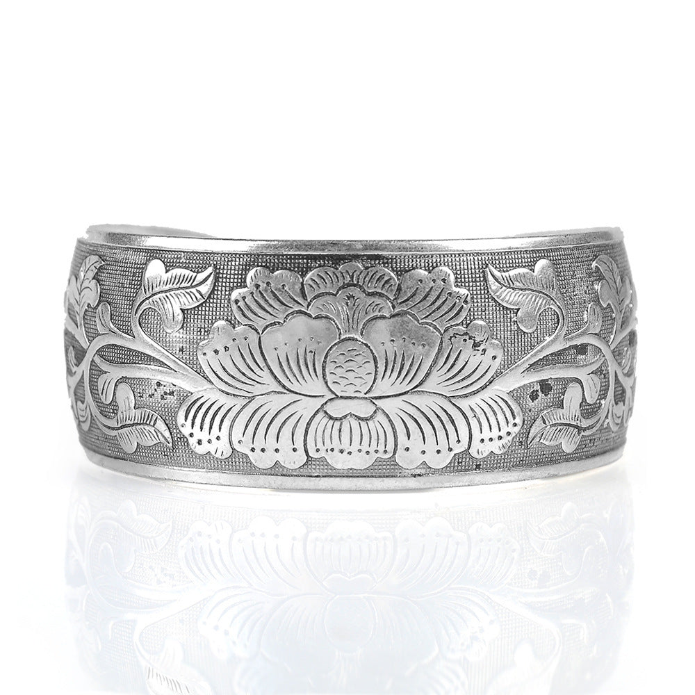 Peony Flower Bracelet Silver Plated Bangle 2.5cm Wide Floral Design For Women And Girls Inner Diameter 5.9cm