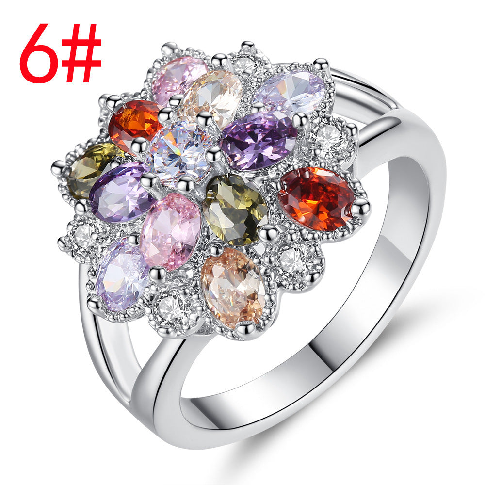 Womens Retro Colorful Flower Ring Geometric Electroplated Metal Fashion Jewelry Accessory Durable Versatile Trendy