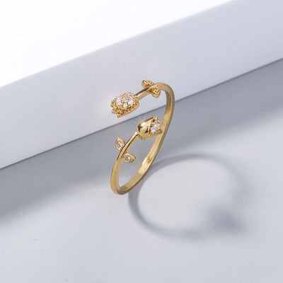 Womens Adjustable Flower Ring Gold Plated Copper Rosette Trendy Ring With Artificial Gemstones Elegant Jewelry