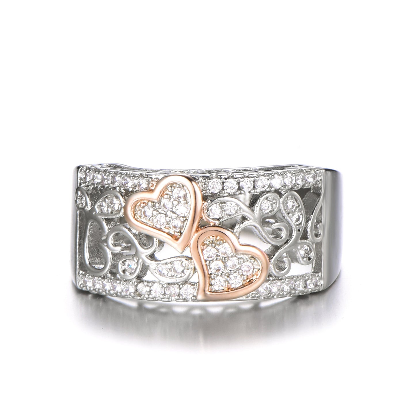 Womens 18k Rose Gold Plated Heart to Heart Ring with Gemstone Inlaid for Wedding Engagement Anniversaries Gift