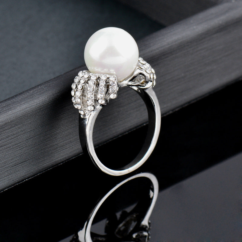Openwork Full Diamond Pearl Ring For Women Grey And White