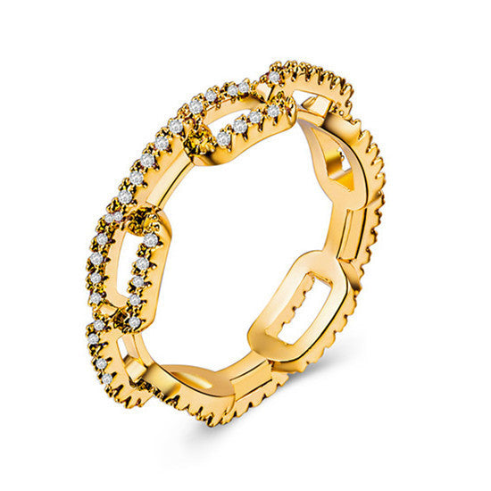 Zircon Inlaid Lock Chain Ring Gold Plated Copper Geometric