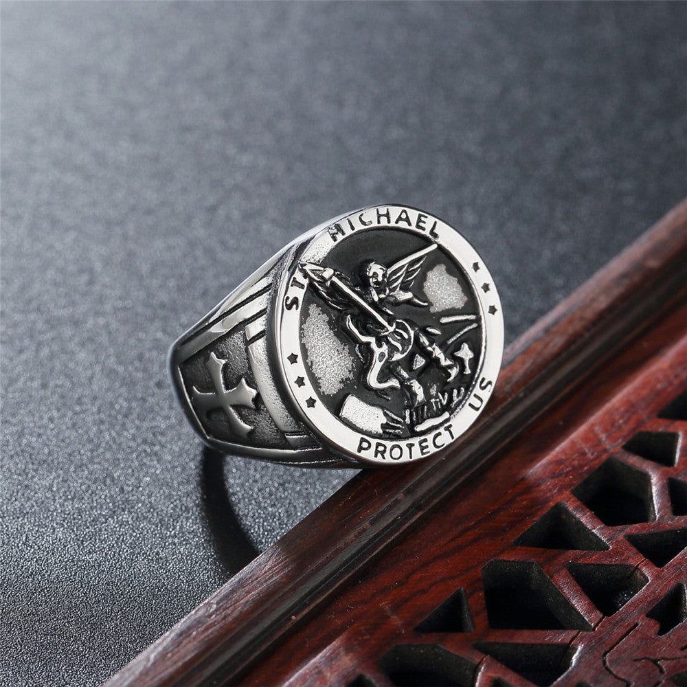 Men's Titanium Steel Ring Holy War Angel Crusader Catholic Religious Ring Durable Band Durable Titanium Jewelry For Men