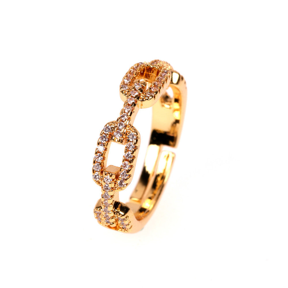 Copper Chain Ring With Zircon Gold Plated Adjustable Fashion Jewelry For Women European American Style Sparkle