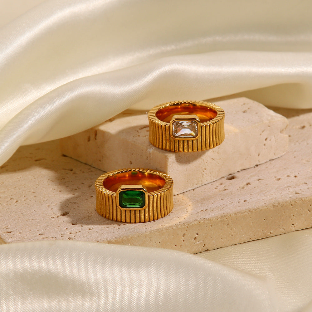 Geometric Inlaid Zircon Stainless Steel Ring For Women