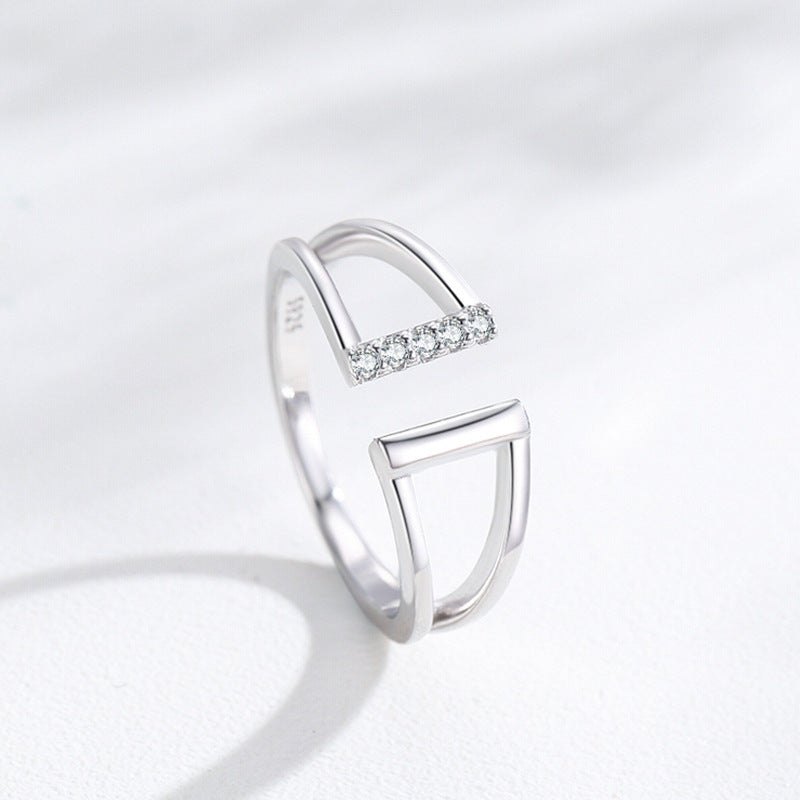 Sterling Silver Geometric Ring With Micro Rhinestones Line Pattern For Women US Sizes 5 7 9 Elegant Daily Wear