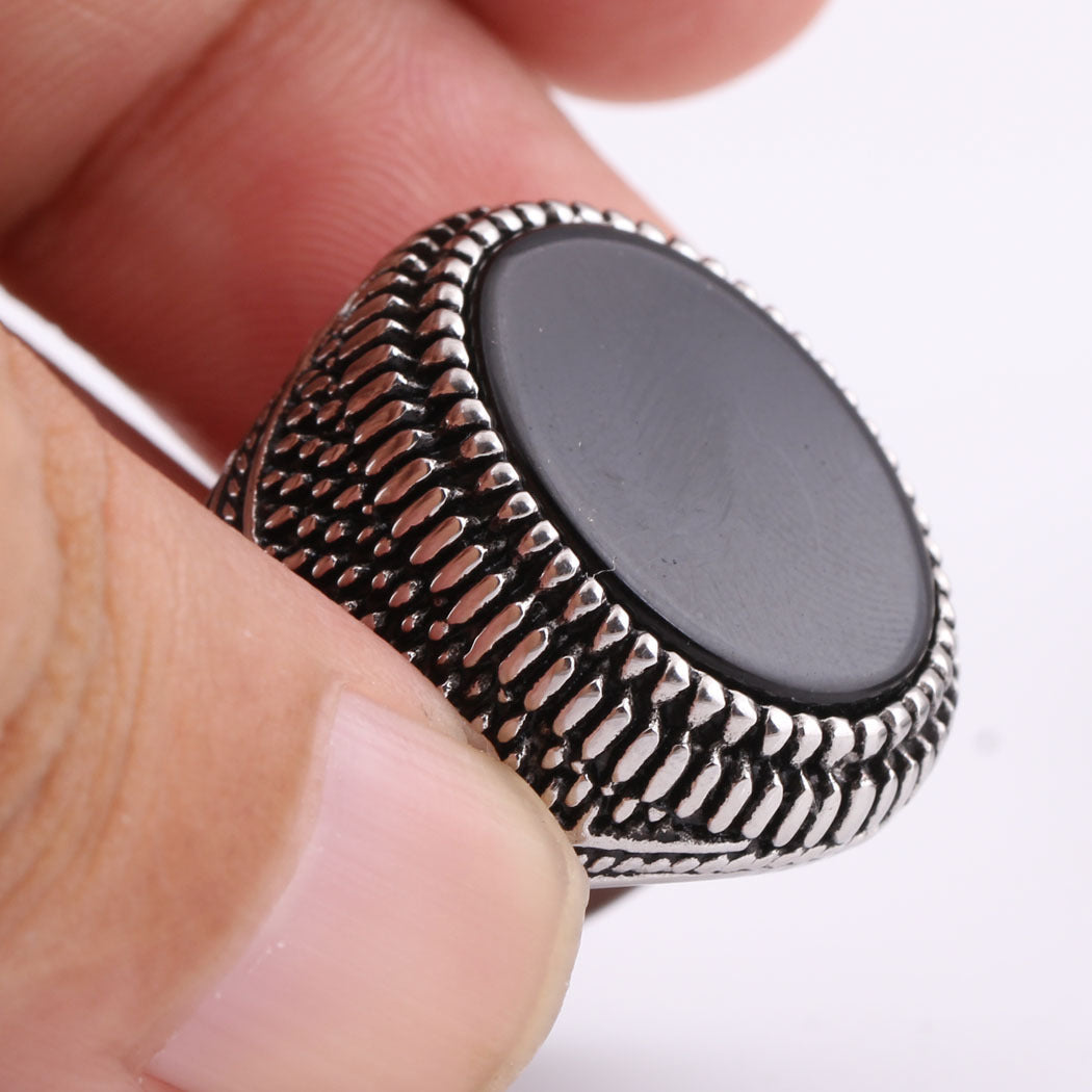 Mens Black Onyx Ring Retro Style Geometric Alloy Electroplated Silver Tone Durable Statement Ring For Men Soon