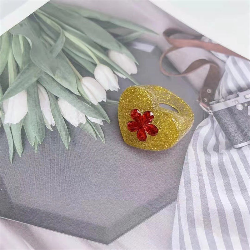 Womens Fashion Ring With Resin Flower Heart Design And Glitter Sequin Accents Rainbow Rings Quality Women Girl