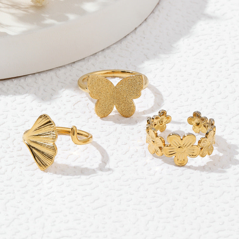 Womens Adjustable Open End Ring Stainless Steel Flower Butterfly Ginkgo Jewelry Fashion Flexible Electroplated