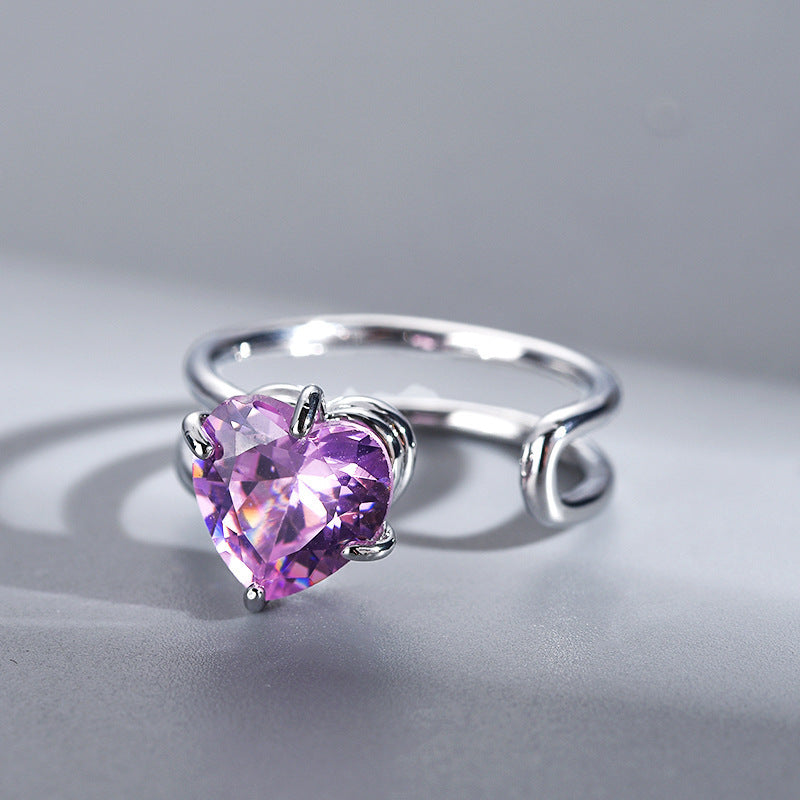 Women Heart Ring Adjustable Opening White Gold Plated Copper With Zircon Elegant Heart Shaped Jewelry Sparkles