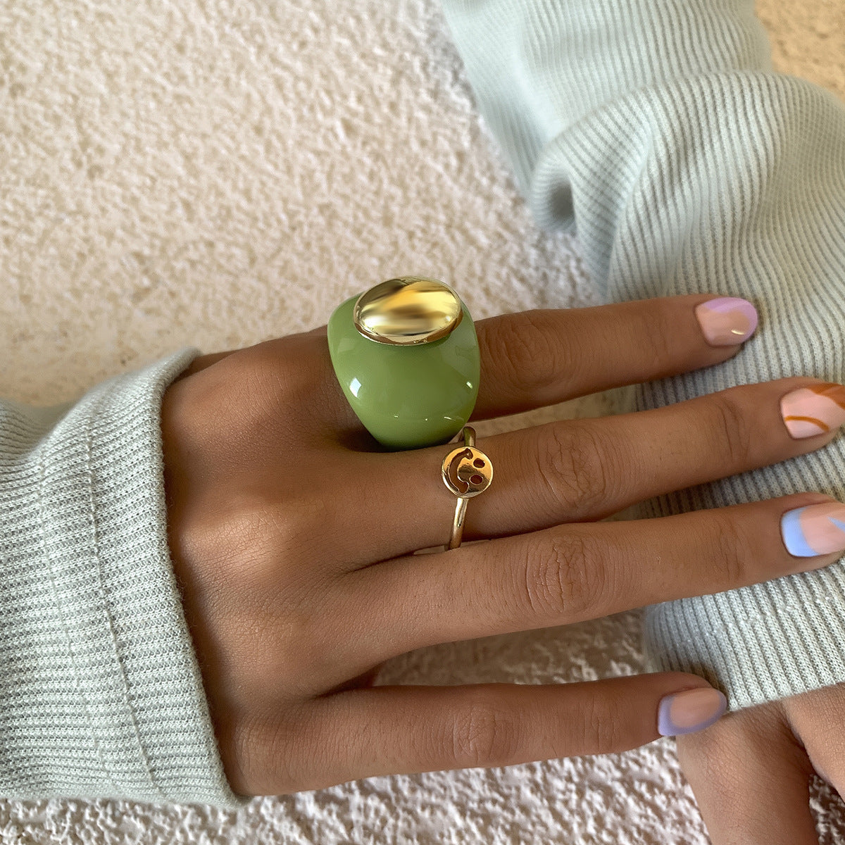 Vintage Geometry Alloy Rings Set Inlaid Acrylic And CCB Material Individually Packaged Birthday Gift Set Rings