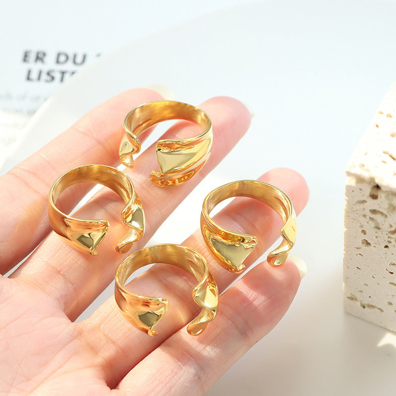 Women's Titanium Steel Ring with 18K Gold Plated Geometric Design Adjustable Opening Fashion Jewelry Statement Ring for Her Simple Ins Personality