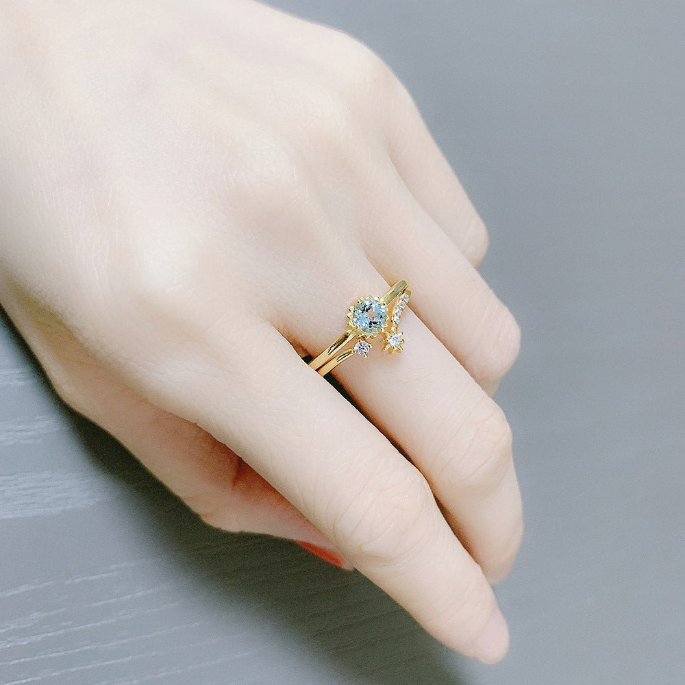 Sterling Silver Ring With Natural Topaz Inlaid Gemstone Adjustable Unisex Geometric Ring Japanese Korean Design Gold