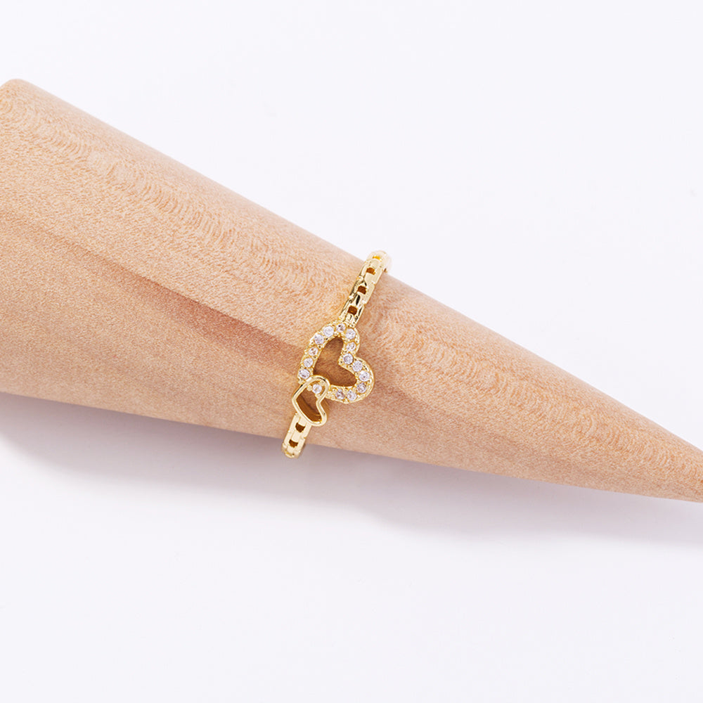 Womens Golden Heart Ring With Zircon Inlay Adjustable Copper Love Ring Simple Band Anniversary Gift Shine Love