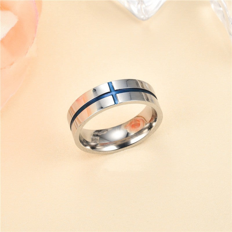 Mens Stainless Steel Ring Personalized Cross Ring Blue Religious Band Jewelry Gift For Him Boyfriend Husbandus