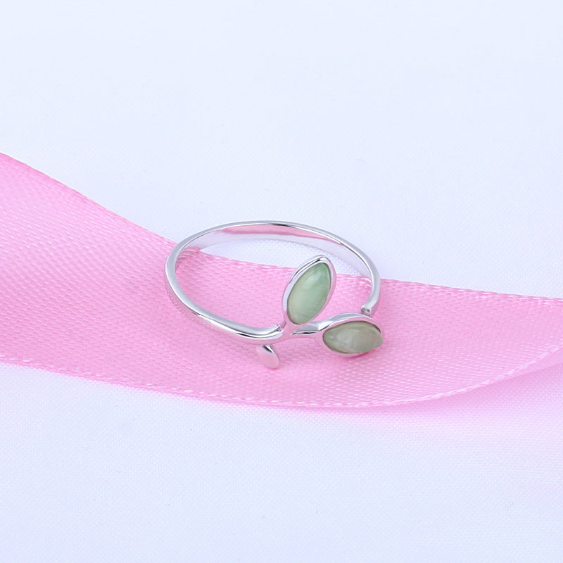 Sterling Silver Ring For Women Adjustable Open Ring S925 Gemstone Inlaid Leaf Design Bud Green Leaf Fine Craft