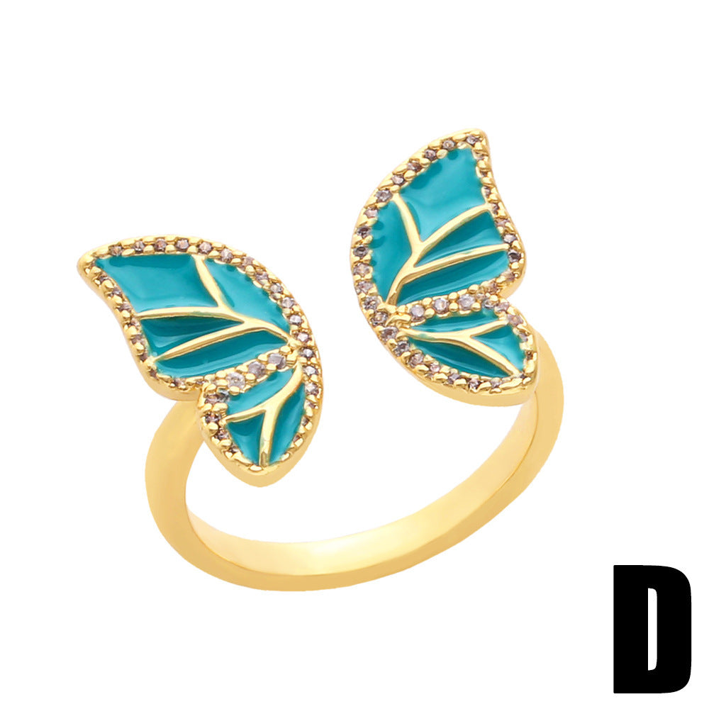 Women's Butterfly Ring Copper Adjustable Zircon Oil Drop Jewelry Elegant Fashion Accessory with Sparkling Zircon