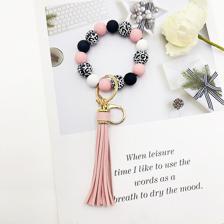 Wooden Bead Keychain Leopard Pattern White Background 21cm Length Round Beads For Pendants Bracelets Keychains