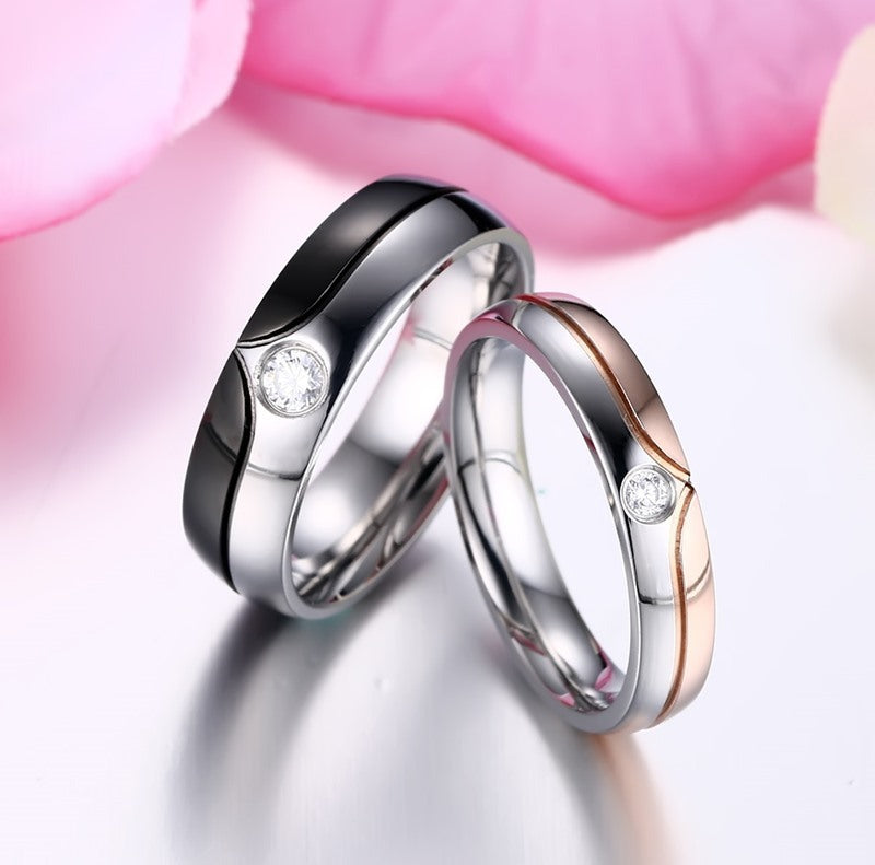 Stainless Steel Couple Ring Geometric Design Korean Style Wedding Gift Set for Partners for Modern Style Looks