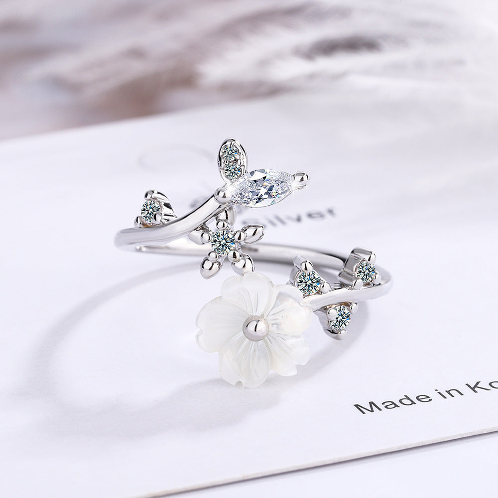 Korean Style Shell Ring For Women Small Adjustable 16mm Inner Diameter Zircon Accent Extra Durable Lightweight