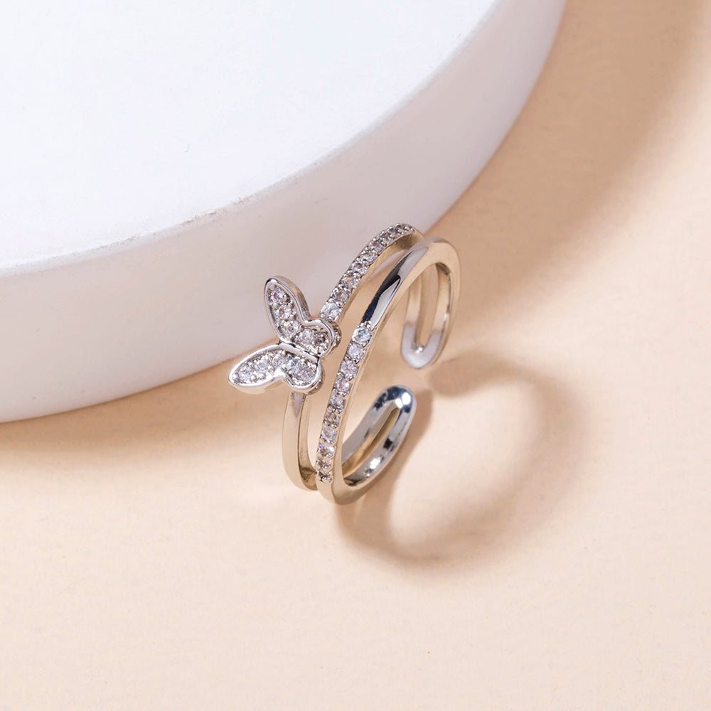 Women Adjustable Butterfly Ring With Zircon Inlay Copper Electroplated European Style Jewelry Elegant Crystal