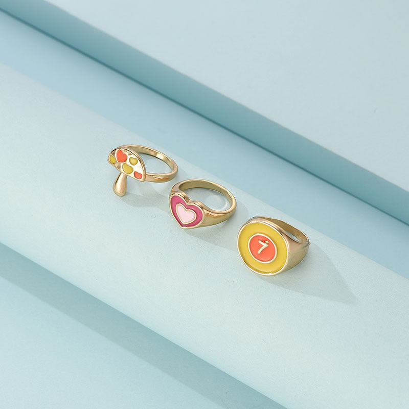 Womens Ring Set 3 Alloy Rings With Love Heart And Flower Design Mushroom And Butterfly Accents Fashion Jewelry