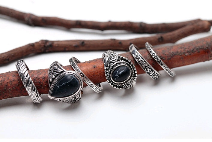 Women Ring Set Vintage Turquoise Mosaic Stackable Jewelry Bohemian Inspired Alloy Plated Gemstone Fashion Jewelry