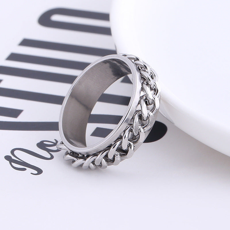 Mens Stainless Steel Chain Ring Geometric Design Durable Stylish Ring For Birthday Gift Band Jewelry Accessory Edition