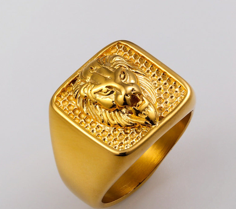 Gold Domineering Lion Head Titanium Steel Punk Men's Ring