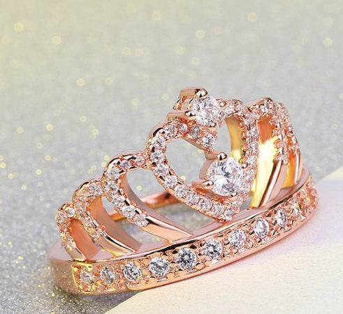 Princess Style Cubic Zirconia Hollowing Heart Silver Rose Gold Crown Ring Jewelry for Party Engagement Wedding