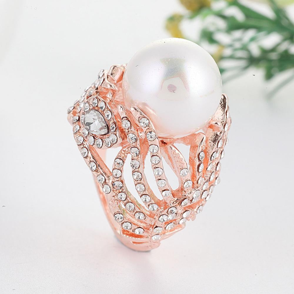 U Shaped Pearl Rings With Graceful Feather Design And Gem Inlay In Rose Gold Plated Alloy Jewelry Gift For Her