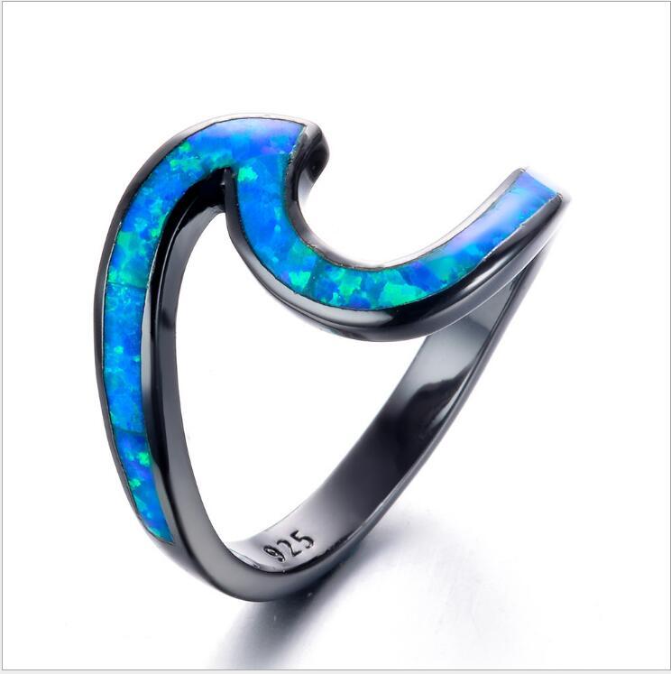 Womens Heart Ring Gold Plated Black Opal And White Ocean Wave Design Heart Shaped Jewelry For Women Size 5 To 10