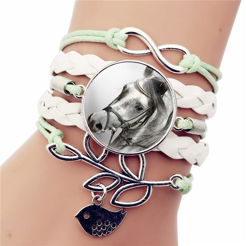 Horse Themed Bracelet with Glass Gem Pendant Die Cast Alloy Elegant Charm Jewelry Length 17cm Plus 5cm Extension
