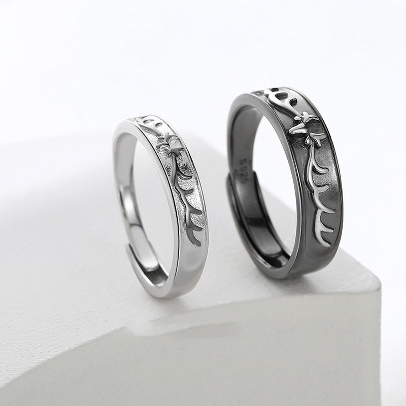 Sterling Silver Antler Couple Rings Korean Zodiac Design Electroplated Anniversary Gift Matching Promise Lovers