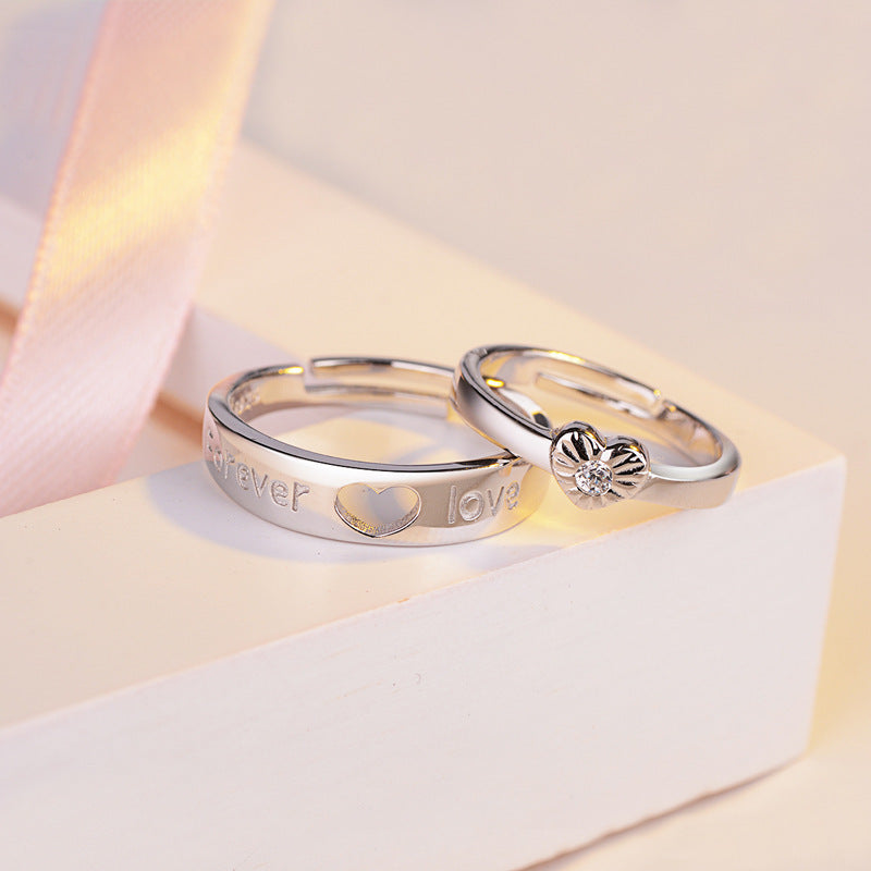 Couple Adjustable Zircon Heart Rings With Letter Design Birthday Gift For Him And Her Cow Pattern Heart Shaped