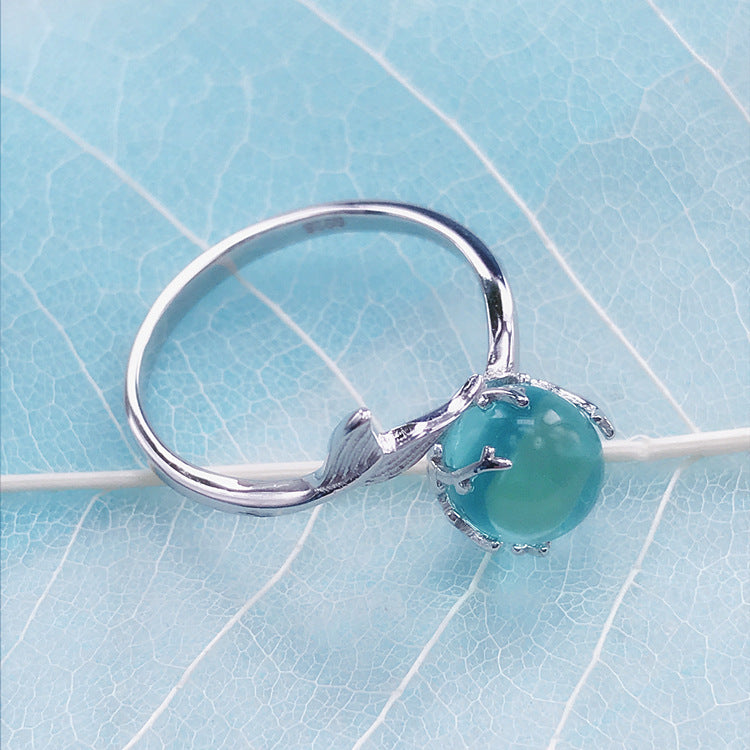 Womens 925 Sterling Silver Ring With Blue Crystal Mermaid Tail Open Adjustable Wedding Band Sparkle Finish Set