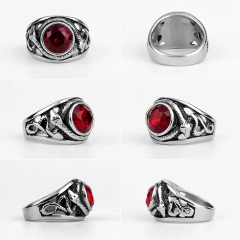 Mens Titanium Steel Ring Retro Gem Snake Design Geometric European Styles Red Diamond Accent Seven To Thirteen
