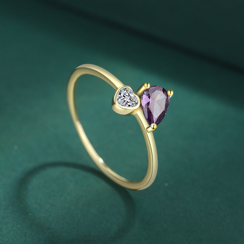 Women's Ring 14K Gold Plated Ring with Purple Gem and Peach Heart Design S925 Sterling Silver Ring Electroplated Diamond Ring for Her