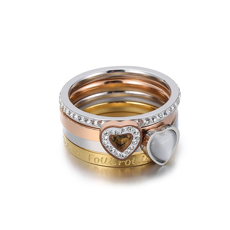 Women Titanium Steel Heart Shaped Ring Electroplated With Diamond Accent For Her Everyday Wear Jewelry Gift Set