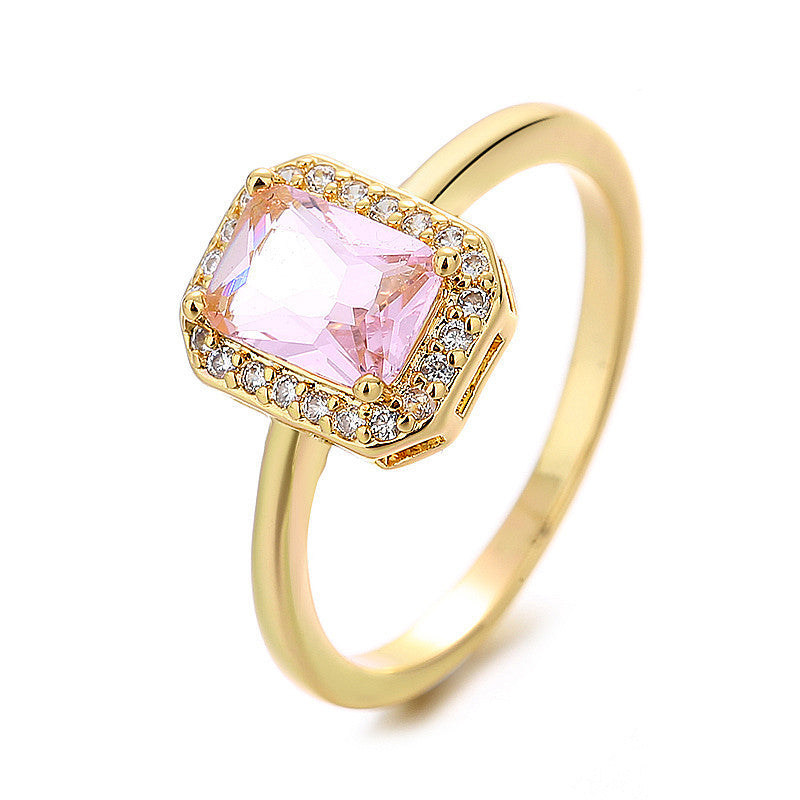 Geometric Octagonal Zircon Ring For Women Pink Copper Inlaid Jewelry Elegant Everyday Accessory Luxury Sparkle