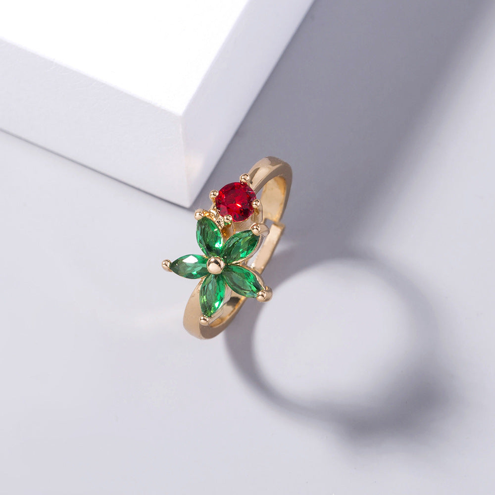 Gold Flower Ring Adjustable Copper Zircon Geometric Electroplated Fashion Jewelry for Women Sparkling Zircon Gem
