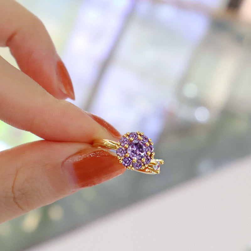 Women Adjustable Open Ring Diamond Accented Rotation Copper Geometric Korean Style Good Luck Gift For Students